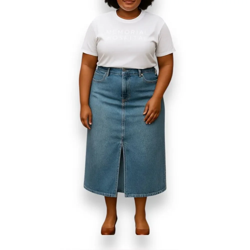 Old Navy Denim High Rise Secret Smooth Pockets Midi Skirt Plus Size 24 3XL